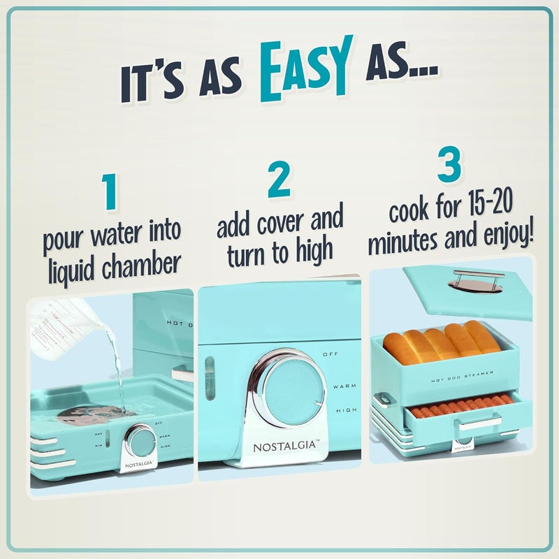 Nostalgia Extra Large Diner-Style Steamer, 20 Hot Dogs and 6 Bun Capacity, Perfect for Breakfast Sausages, Brats, Vegetables, Fish, Aqua - Image 3